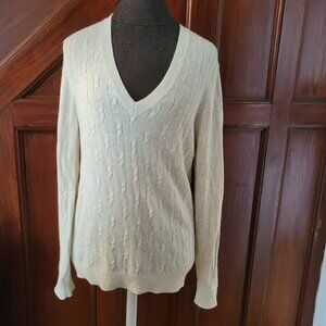 Ann Taylor Loft Womens V-Neck Cable Knit Sweater M Lurex Blend Beige Shimmer New